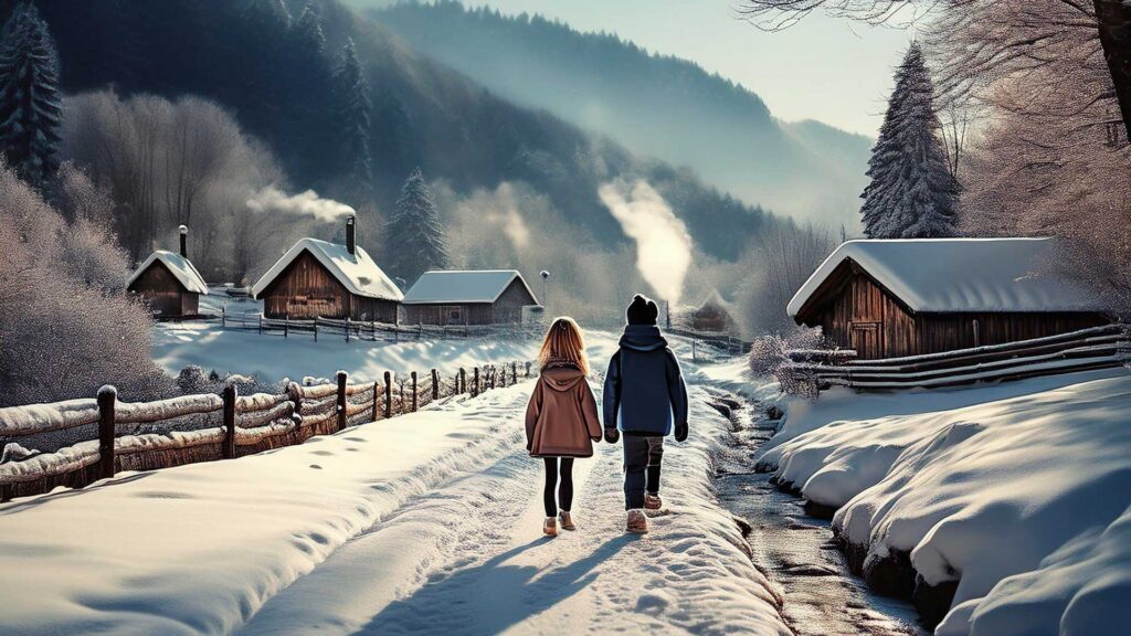 Bambino e bambina camminano nella neve verso un villaggio innevato, simbolo dell’infanzia, dell’amore e della semplicità dei tempi passati.