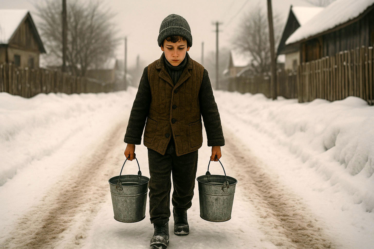 Ragazzo di circa dieci anni cammina nella neve portando due secchi d’acqua in metallo, simbolo della fatica e della dignità dell’infanzia rurale nella Romania degli anni ’70.