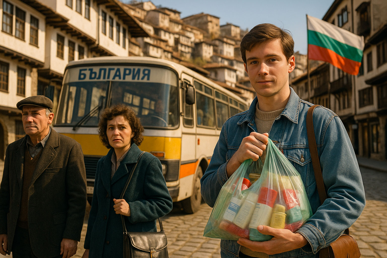 Giovani rumeni negli anni ’80 davanti a un autobus alla frontiera tra Romania e Bulgaria, con borse piene di prodotti rari, simbolo dei viaggi in Bulgaria durante il comunismo.