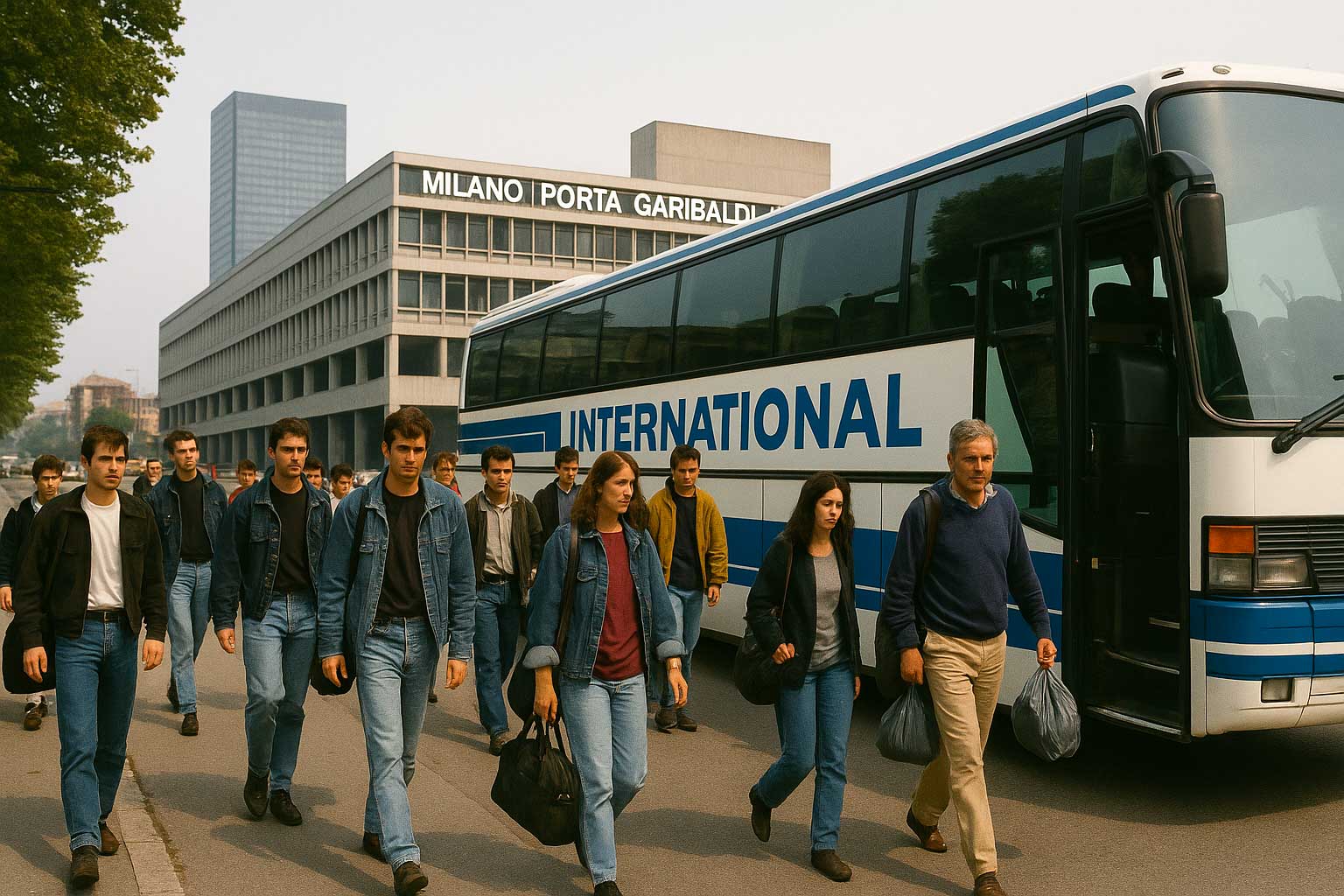 Uomo rumeno scende da un pullman a Milano nei primi anni ’90, simbolo del viaggio e dell’emigrazione verso una nuova vita.
