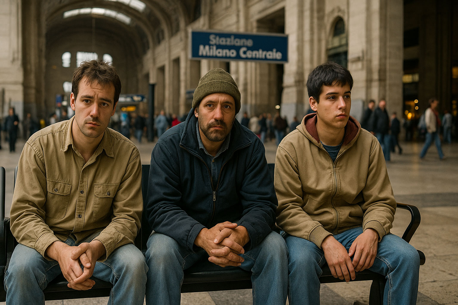 Tre uomini seduti nella Stazione Centrale di Milano, visi stanchi ma dignitosi, simbolo della clandestinità a Milano negli anni ’90.