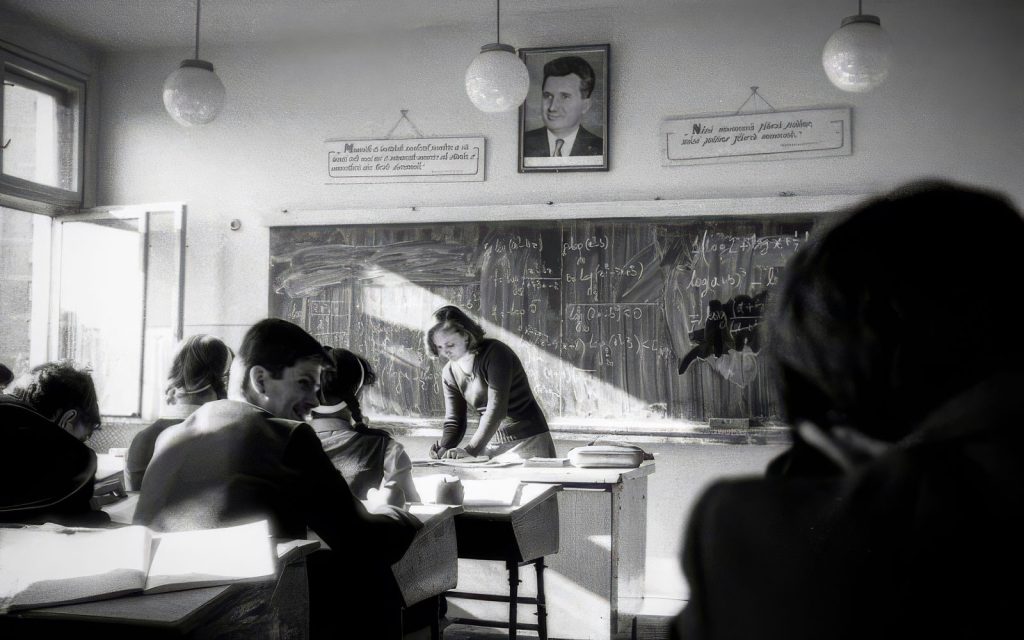 Studenti in aula durante gli anni di liceo in Romania negli anni ’70, tra studio, disciplina e silenzio scolastico