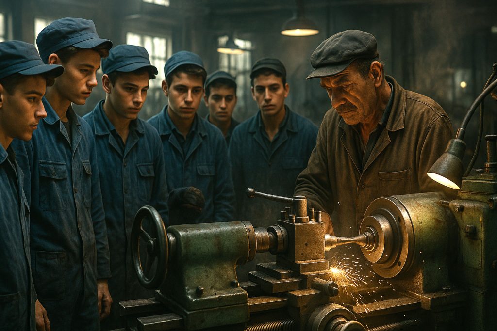Pratica in fabbrica durante gli anni di liceo in Romania negli anni ’70, studenti in officina meccanica con un operaio esperto