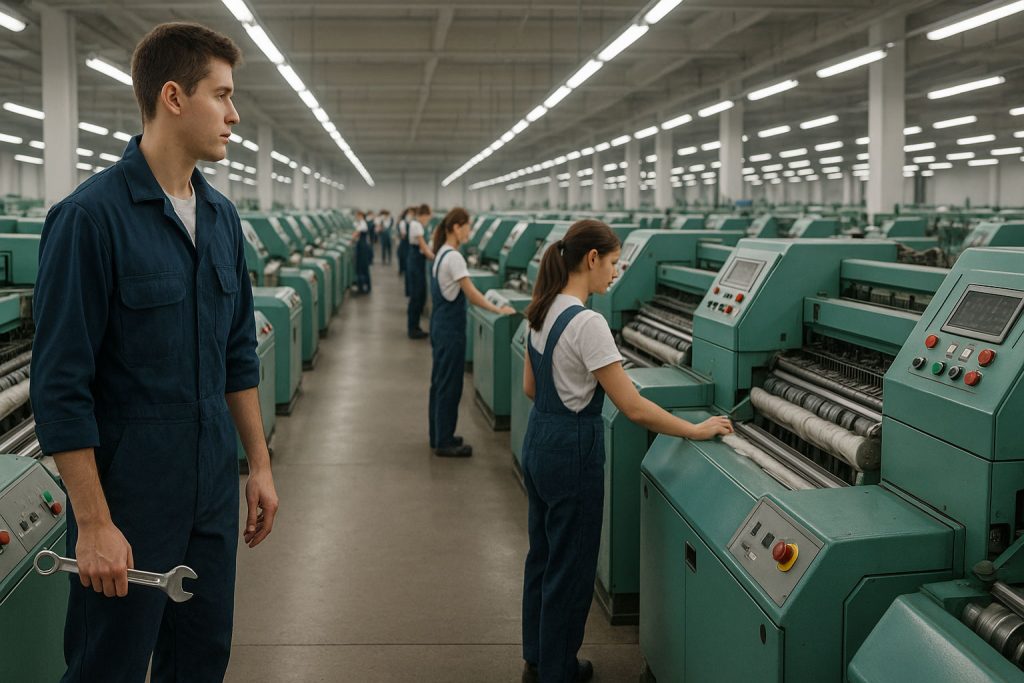 Un giovane tecnico metalmeccanico e una giovane operaia tessile si incontrano in un moderno reparto di filatura negli anni ’80, tra macchinari tedeschi e luce di neon: l’inizio di una storia d’amore nata in fabbrica.