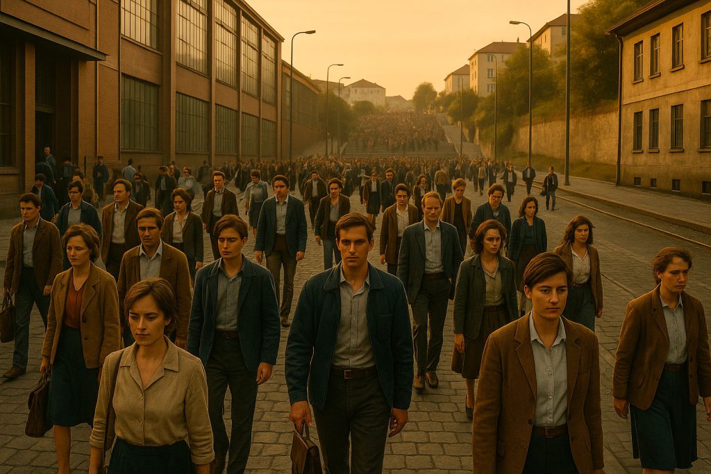 Operai e impiegati escono dalla fabbrica al tramonto, salendo le scale che collegano la zona industriale alla città: un rituale quotidiano che racconta la vita e l’amore nati tra lavoro e speranza.