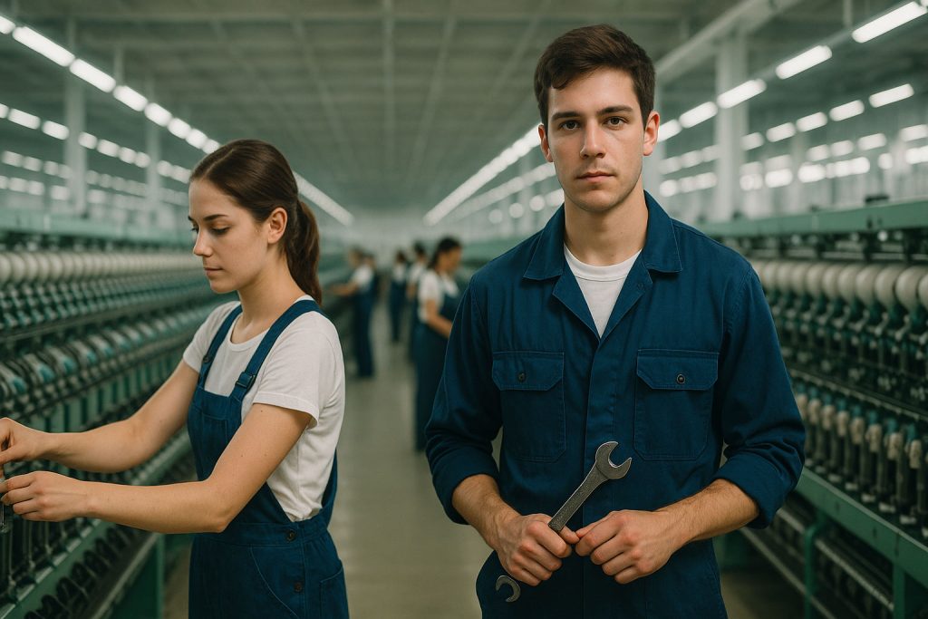 Giovane tecnico e apprendista si incrociano tra i macchinari di una fabbrica tessile, all’inizio di una storia d’amore nata sul lavoro in fabbrica.