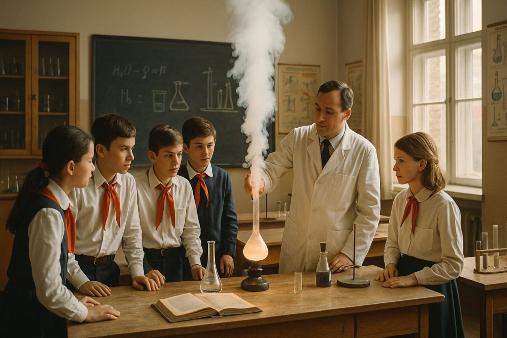 Lezione di chimica nelle scuole medie della Romania comunista, con studenti in uniforme che osservano un esperimento in laboratorio negli anni ’70.