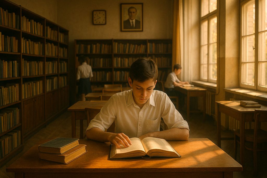 Studente delle scuole medie nella Romania comunista immerso nella lettura in una biblioteca scolastica anni ’70, tra scaffali di libri e luce calda.