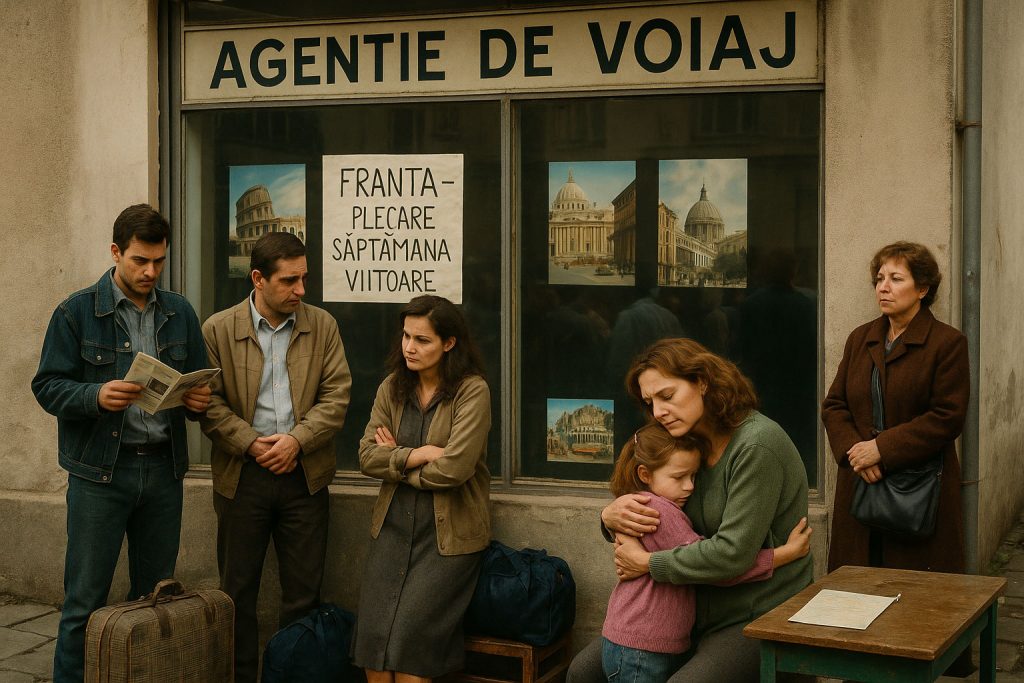 Persone davanti a un’agenzia di viaggi in Romania negli anni '90, in attesa di partire per l’Occidente.