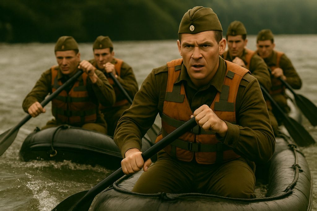 Soldati rumeni degli anni ’70 durante un addestramento estivo sul fiume, a bordo di un gommone militare. Scena realistica che rappresenta la disciplina e la fatica della dura scuola dell’esercito rumeno.