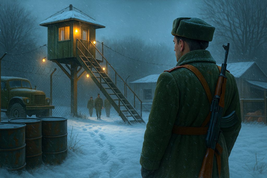 Postazione di guardia militare rumena negli anni ’70 durante l’inverno, con torre di legno, camion e bidoni coperti di neve. Soldati di pattuglia lasciano tracce nella neve fresca, simbolo della disciplina nella dura scuola dell’esercito rumeno.