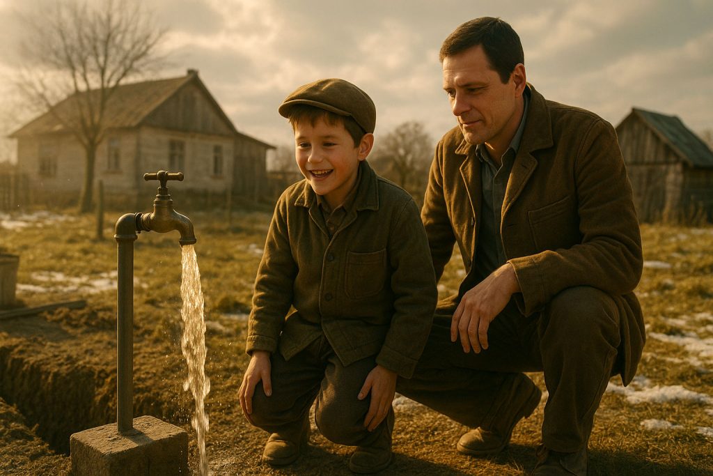 Padre e figlio osservano commossi l’acqua sgorgare da un rubinetto nel cortile di campagna, simbolo di conquista e dignità nella scuola della vita in Romania.