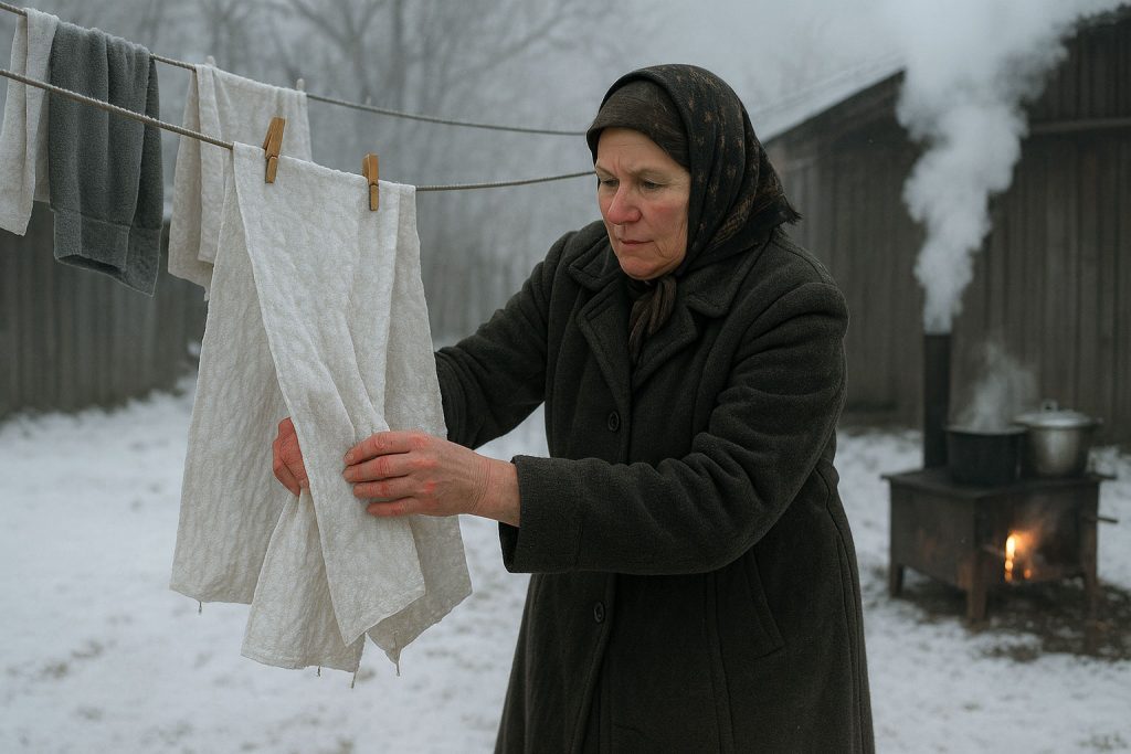 Donna con mani arrossate dal freddo stende panni ghiacciati in un cortile innevato, simbolo della forza silenziosa e della resilienza nella scuola della vita in Romania.