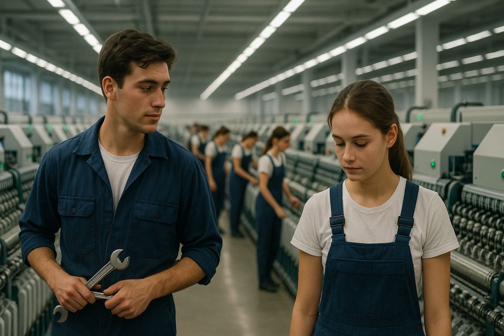 Giovane operaio e studentessa si incontrano tra i macchinari di una fabbrica, in una storia d’amore nata sul lavoro in fabbrica.