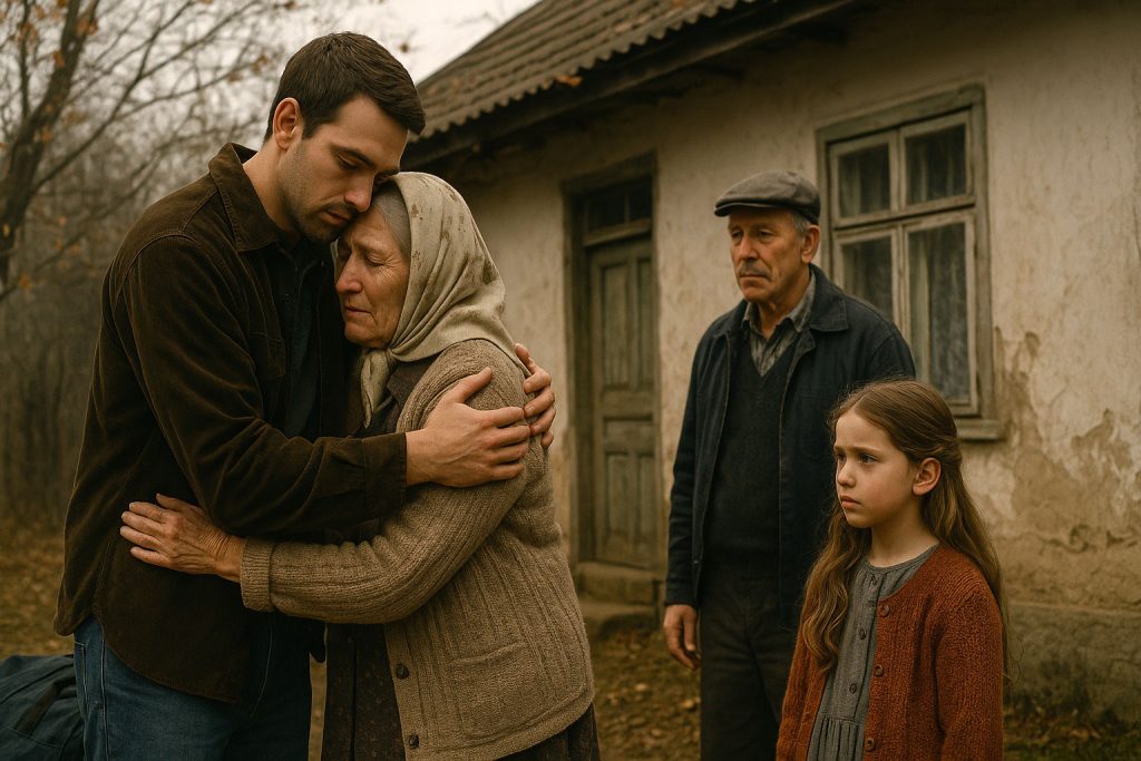 Famiglia si abbraccia davanti a una casa di campagna in Romania negli anni ’90, nel commovente addio prima del viaggio verso l’Occidente.