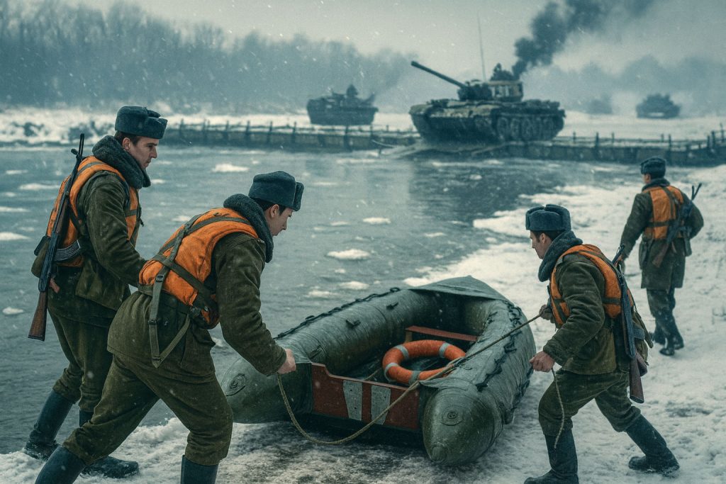Soldati rumeni durante un’addestramento militare in Romania alla fine degli anni ’70, impegnati in un’esercitazione invernale sul fiume Moldova con gommoni e carri armati sullo sfondo.