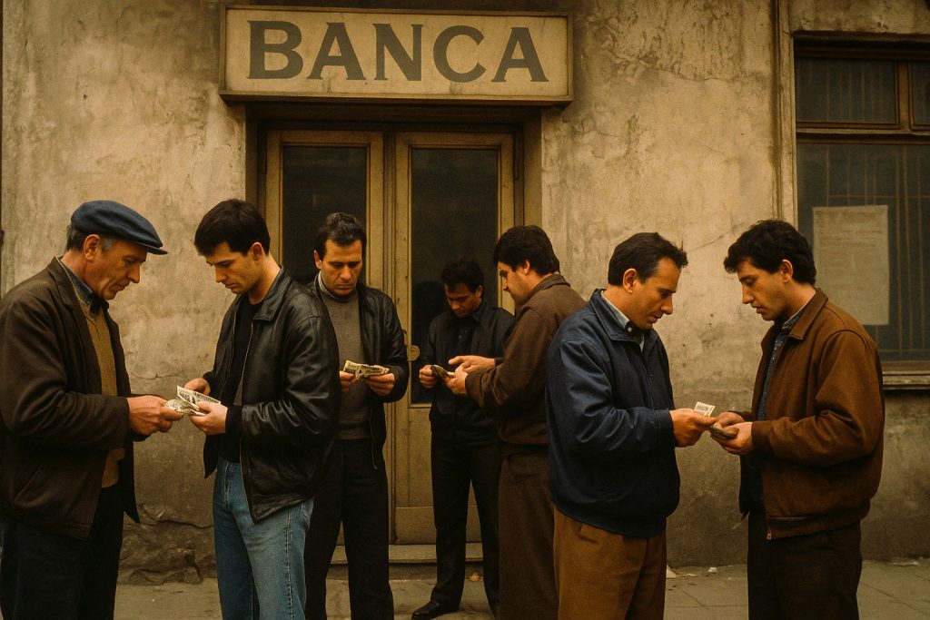 Uomini davanti a una banca rumena negli anni ’90 che scambiano banconote di dollari e marchi tedeschi, simbolo del mercato nero e della crisi economica in Romania post-comunista.
