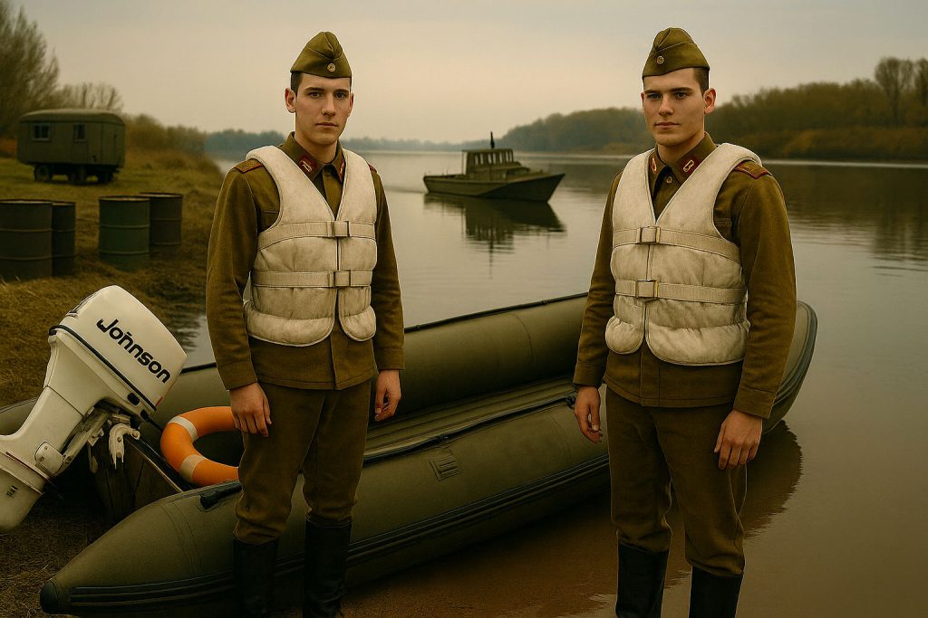 Due giovani soldati del Genio Pontieri durante l’esperienza del servizio militare nella Romania comunista, accanto a una motobarca sul fiume Siret.