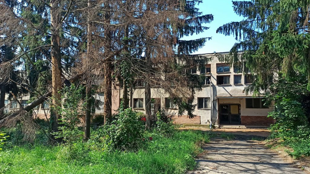 Edificio industriale abbandonato tra la vegetazione in Romania, simbolo del crollo dell’industria dopo la crisi economica del 1989.