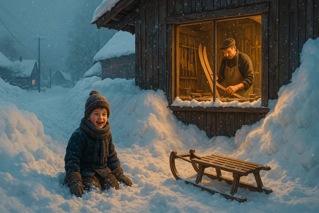 Bambino che gioca nella neve davanti alla casa paterna, mentre il padre lavora a un paio di sci nel suo laboratorio illuminato, simbolo di amore e infanzia autentica.