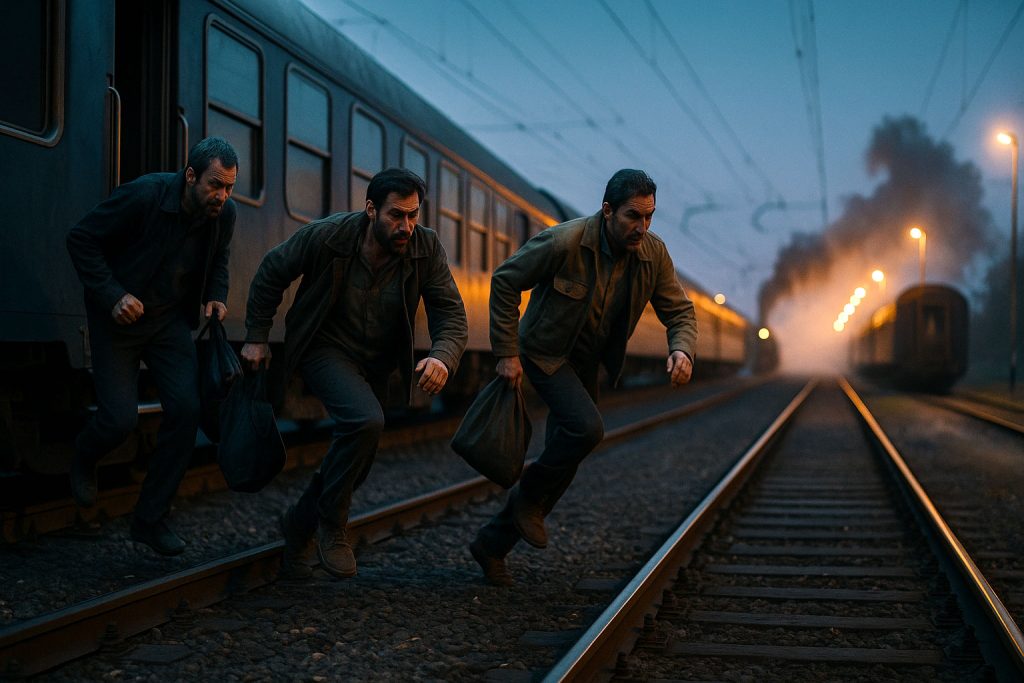 Tre uomini saltano da una carrozza ferroviaria in movimento alla Stazione Centrale di Milano, simbolo della clandestinità a Milano e della lotta per sopravvivere.