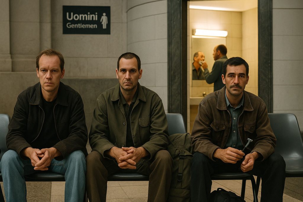 Tre uomini stanchi seduti nella sala d’attesa della stazione durante la prima settimana da emigrante clandestino a Milano, con borse da viaggio ai piedi.
