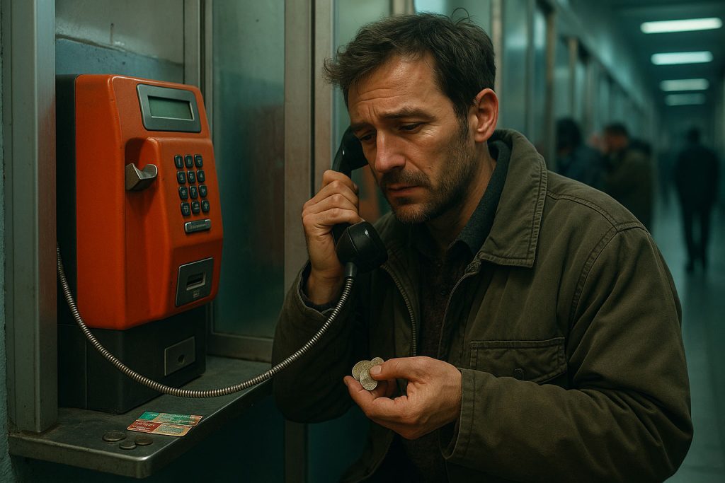 Uomo stanco alla cabina telefonica degli anni ’90 nella Stazione Centrale mentre cerca di chiamare casa durante la prima settimana da emigrante clandestino a Milano.
