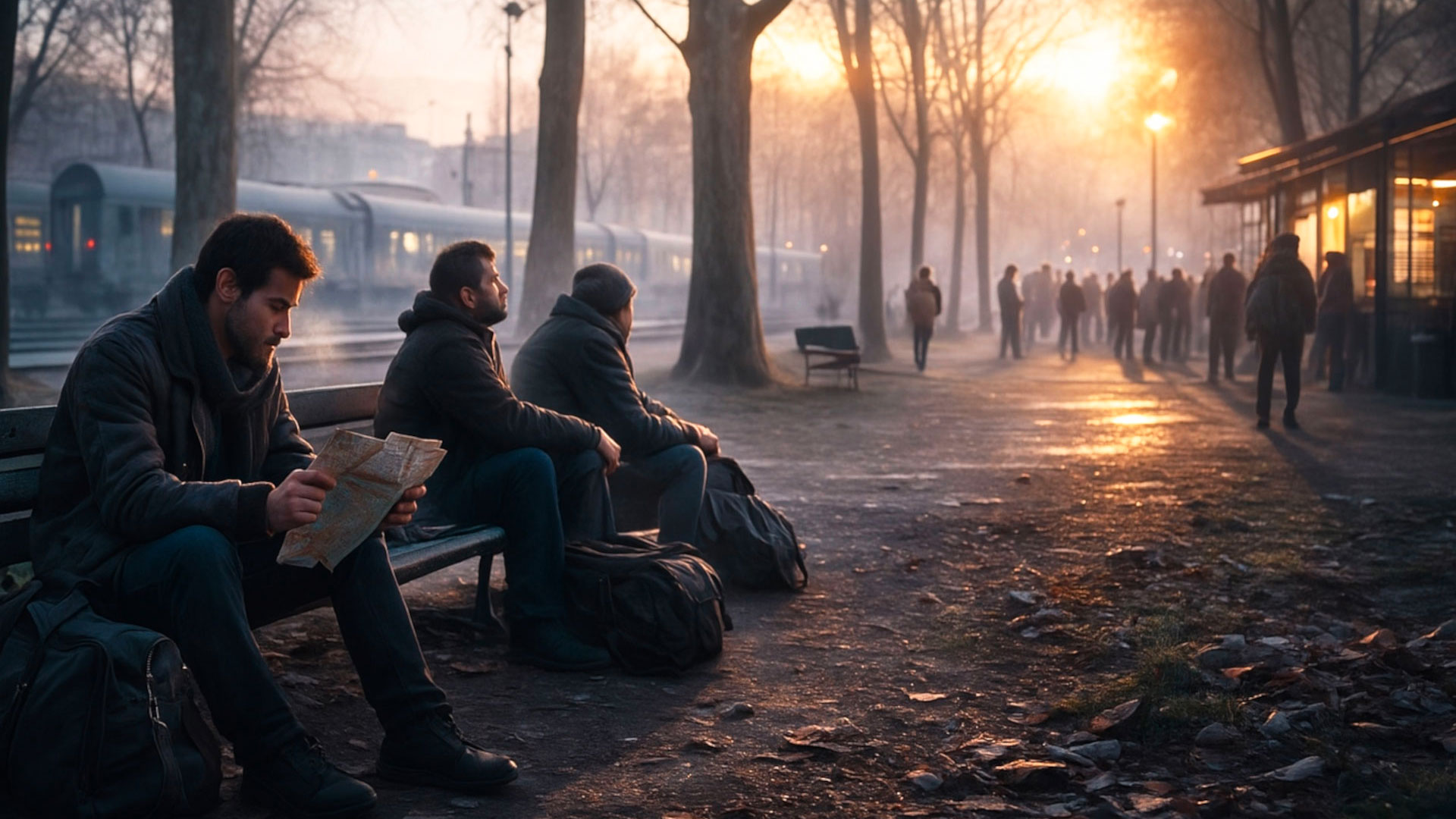 Tre uomini seduti all’alba nel Parco dei Rumeni a Milano, con borse da viaggio e sguardi stanchi, simbolo della prima settimana da emigrante clandestino a Milano.