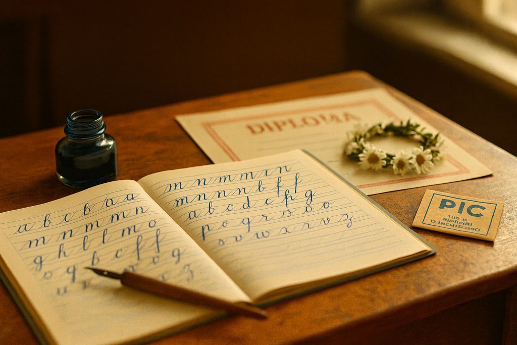Quaderno di calligrafia, calamaio e diploma sul banco di scuola – ricordi di scuola elementare in Romania.