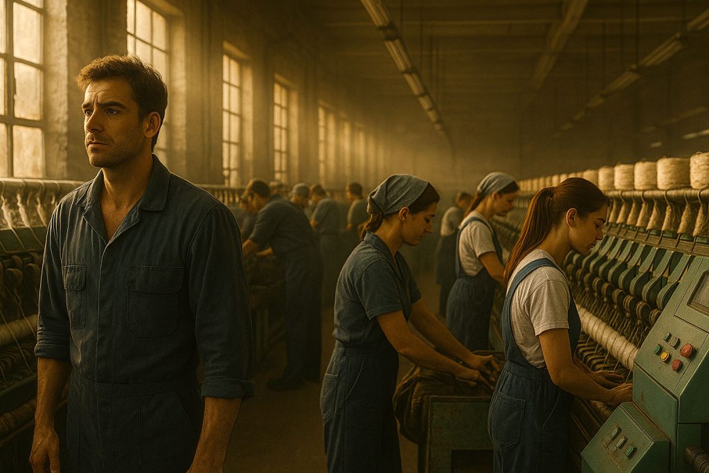 Operai e operaie al lavoro in una grande fabbrica rumena degli anni ’80, simbolo della vita prima dell’emigrazione verso l’Italia.