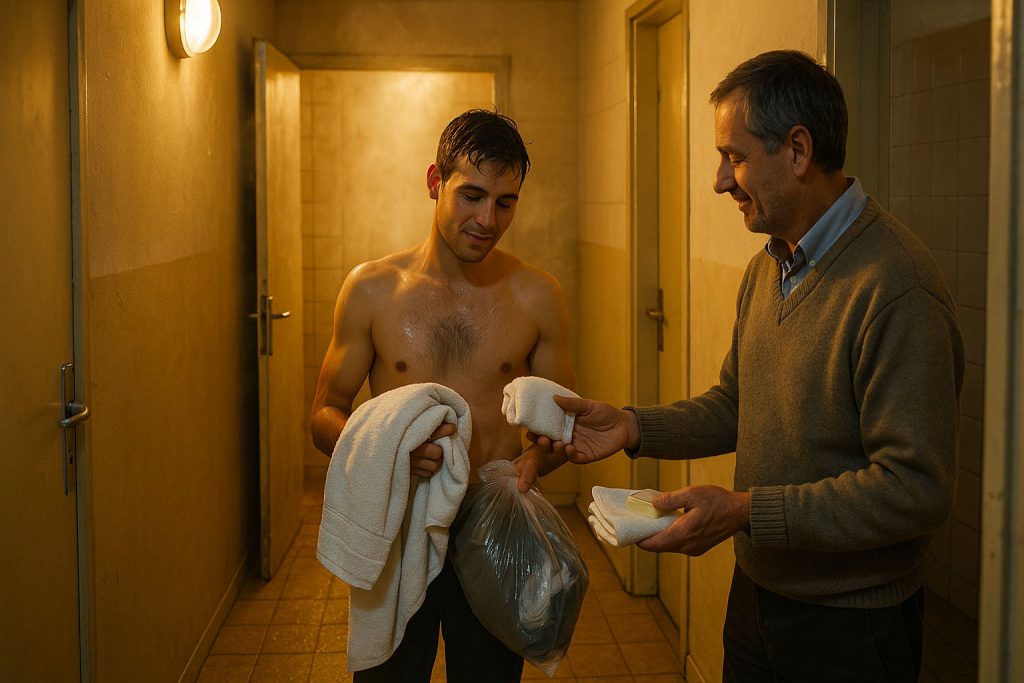Un emigrante rumeno riceve vestiti puliti in un centro Caritas di Milano anni ’90, momento prezioso nel percorso di sopravvivenza nella Milano clandestina.