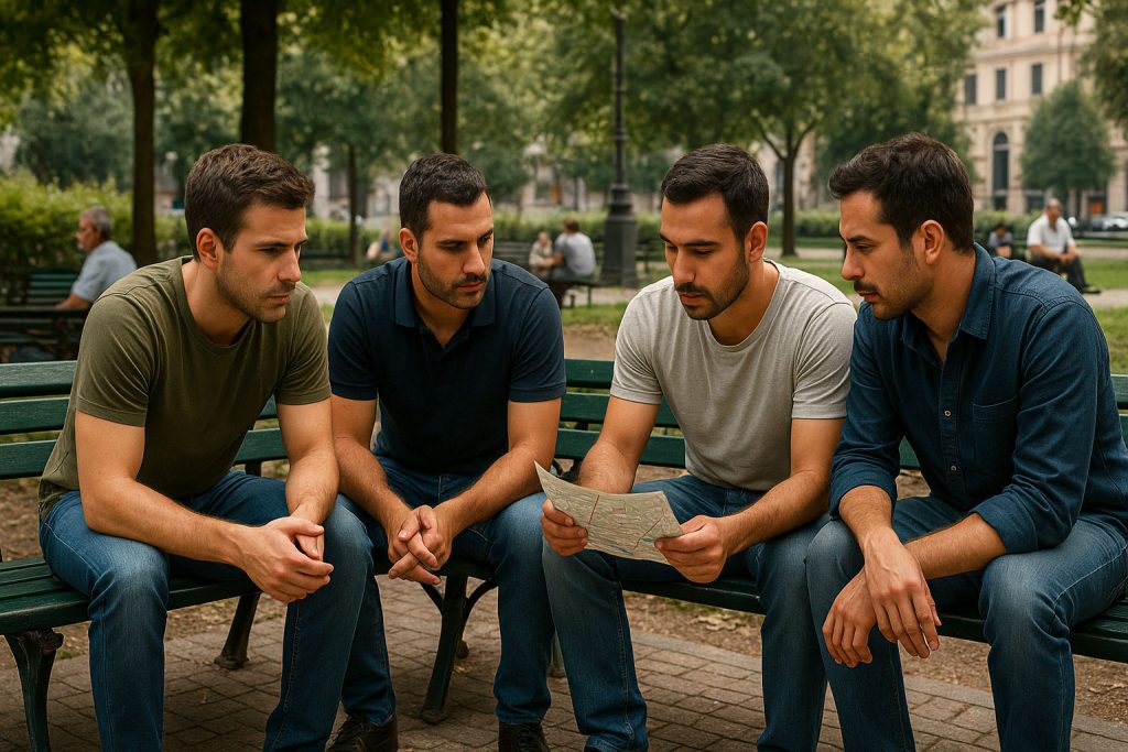 “Gruppo di giovani emigranti rumeni seduti in un parco di Milano negli anni ’90, mentre condividono informazioni per la sopravvivenza nella Milano clandestina.”