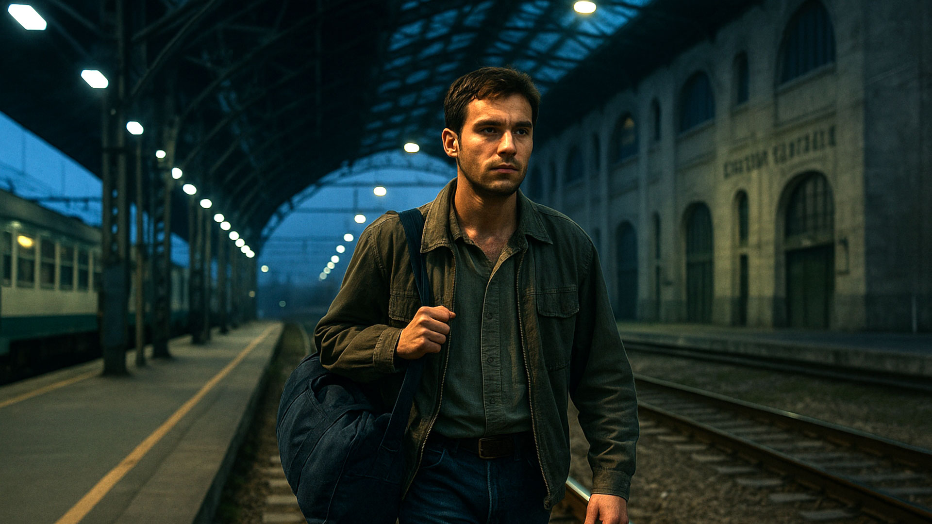 “Giovane emigrante in cammino lungo i binari della Stazione Centrale negli anni ’90, simbolo della Milano clandestina e della lotta per la sopravvivenza.”
