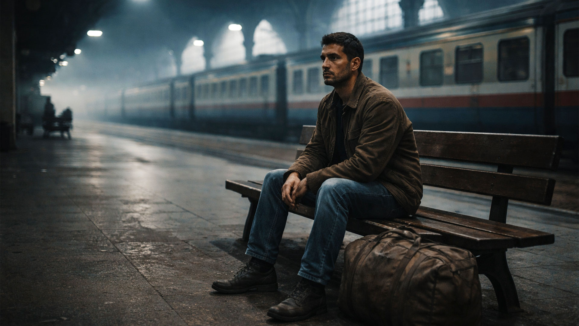 Vita da clandestino a Milano: uomo seduto all’alba nella Stazione Centrale, dopo una notte trascorsa nelle carrozze ferme