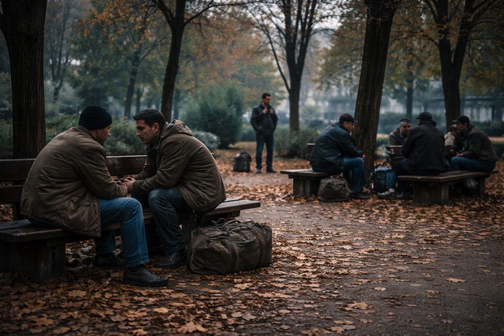 Vita da clandestino a Milano: gruppo di uomini seduti in un parco in autunno, tra attese silenziose e borse da viaggio