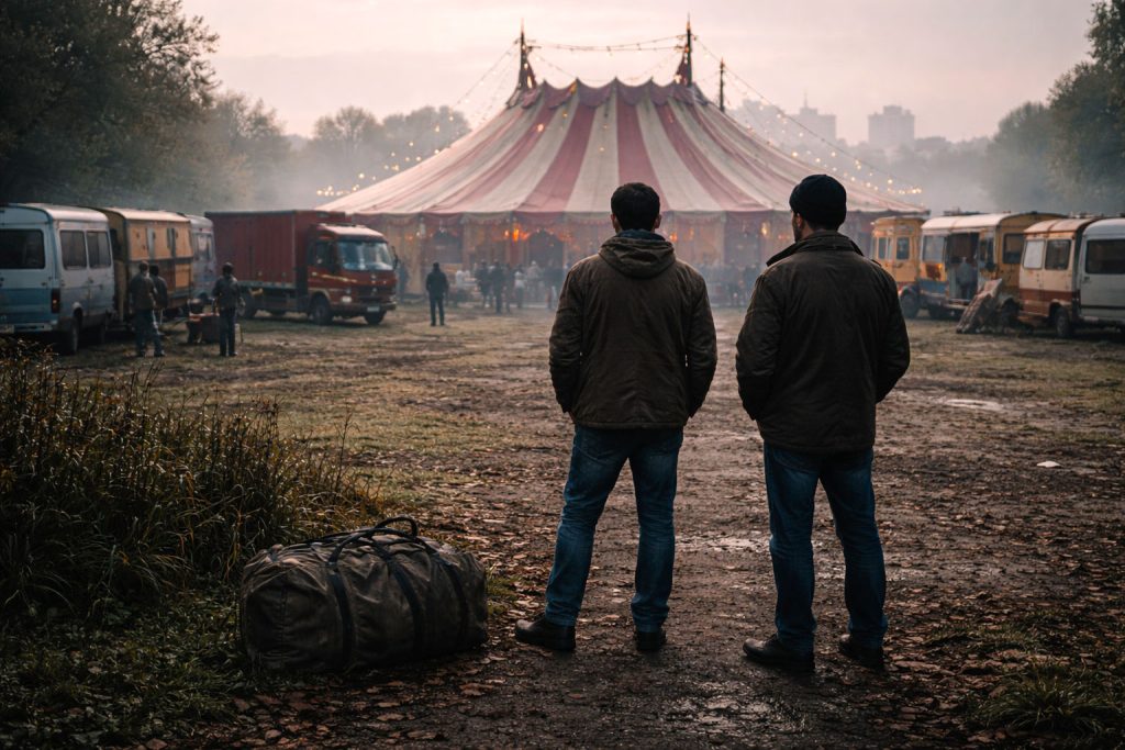 Vita da clandestino a Milano: due uomini davanti a un circo itinerante, con borse da viaggio, all’inizio di una nuova possibilità di lavoro
