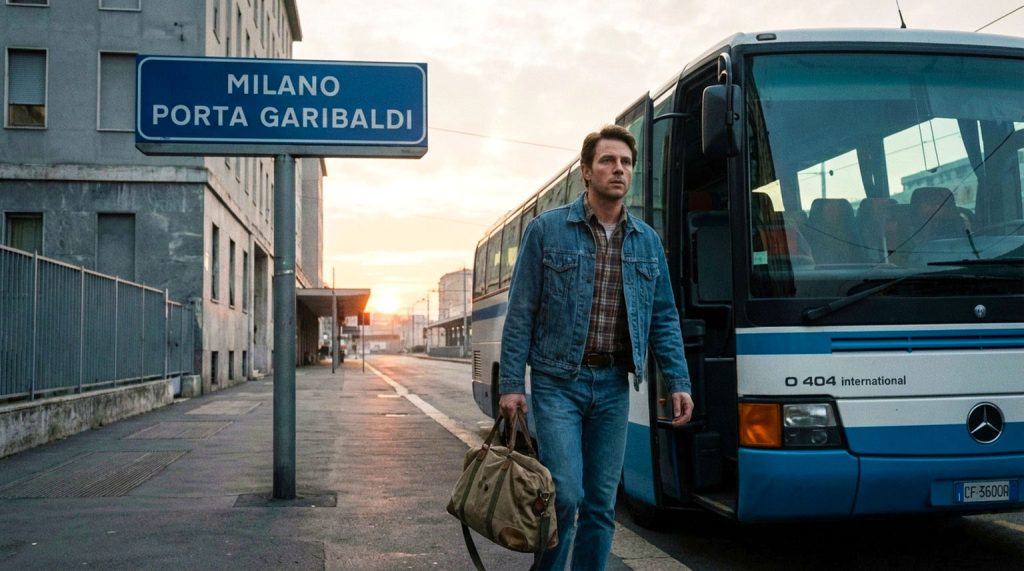 Uomo scende da un pullman internazionale davanti alla stazione Milano Porta Garibaldi all’alba, simbolo del viaggio verso l’Occidente negli anni ’90.