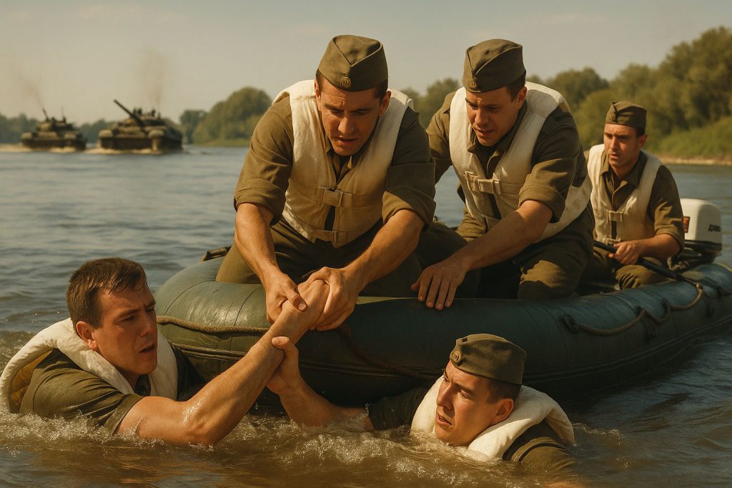 Soldati rumeni durante un’esercitazione di addestramento militare in Romania nel 1979, impegnati nel recupero di un commilitone da un fiume con un gommone militare