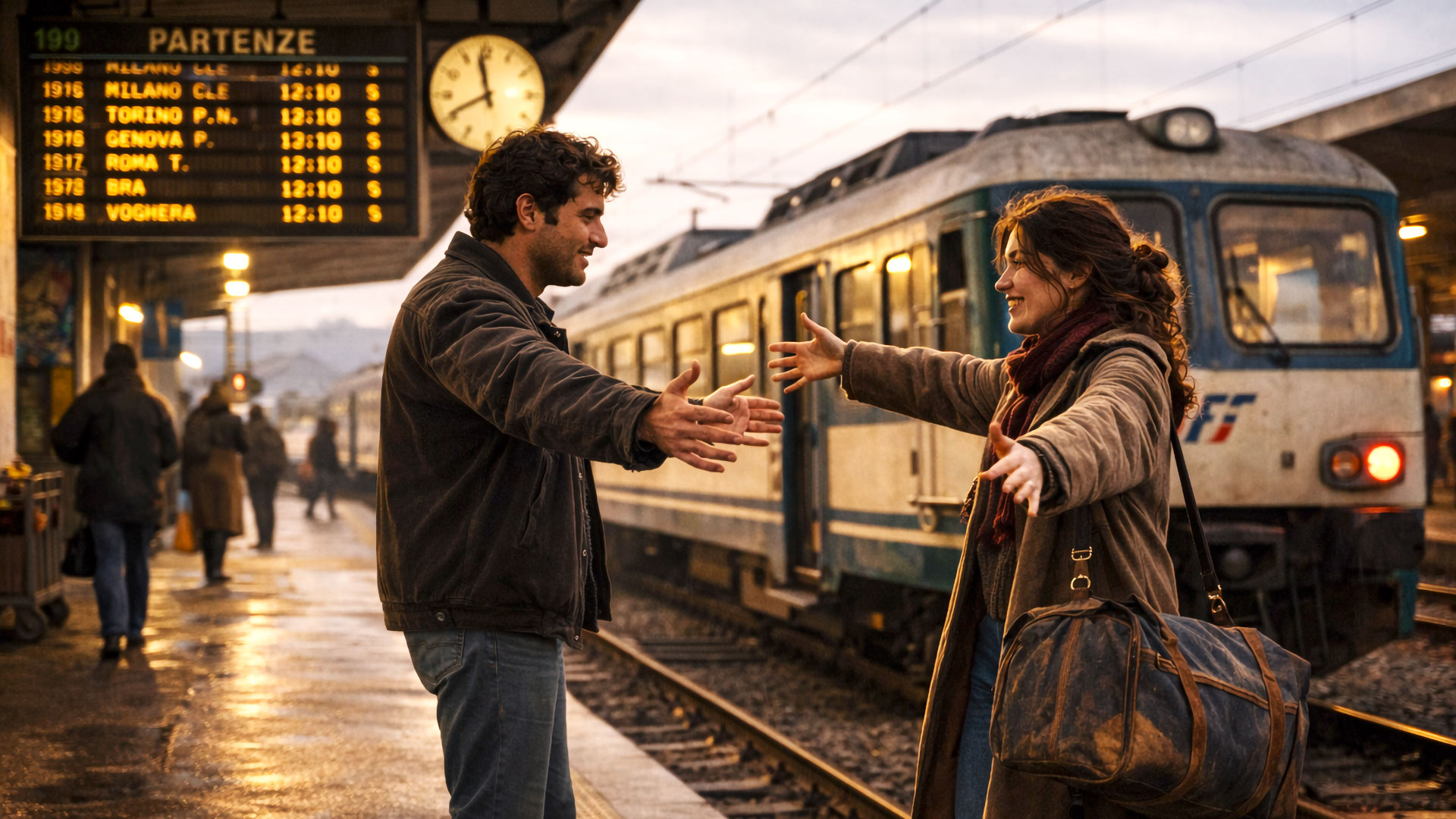 Arrivo di mia moglie in Italia: incontro emozionante alla stazione di Torino negli anni ’90 davanti a un treno regionale.