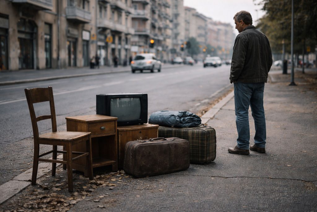 Uomo davanti a oggetti lasciati sul marciapiede, immagine simbolica della vita da immigrato rumeno in Italia tra scarsità, abbondanza e scelte quotidiane