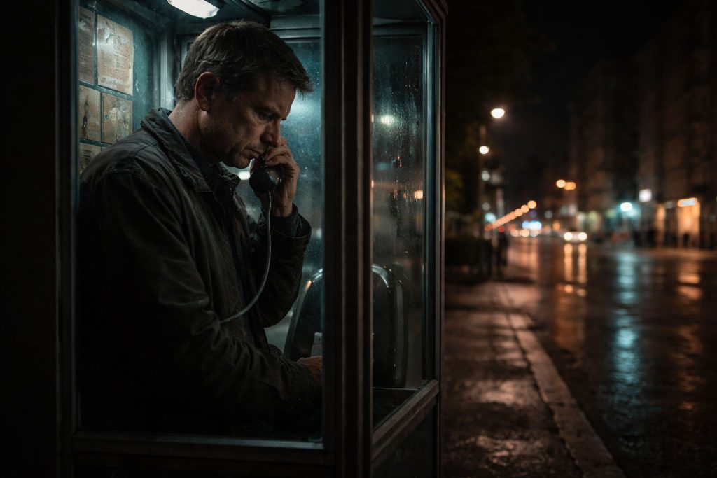Uomo che telefona di notte in una cabina, simbolo della vita da immigrato rumeno in Italia tra solitudine, attesa e legami familiari lontani