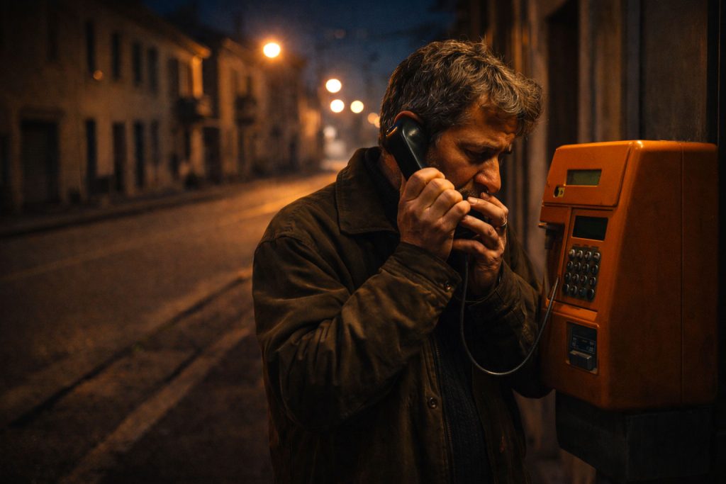 Uomo che telefona di notte per comunicare alla famiglia in Romania di aver trovato lavoro, momento di svolta nel percorso di ricostruirsi lontano da casa