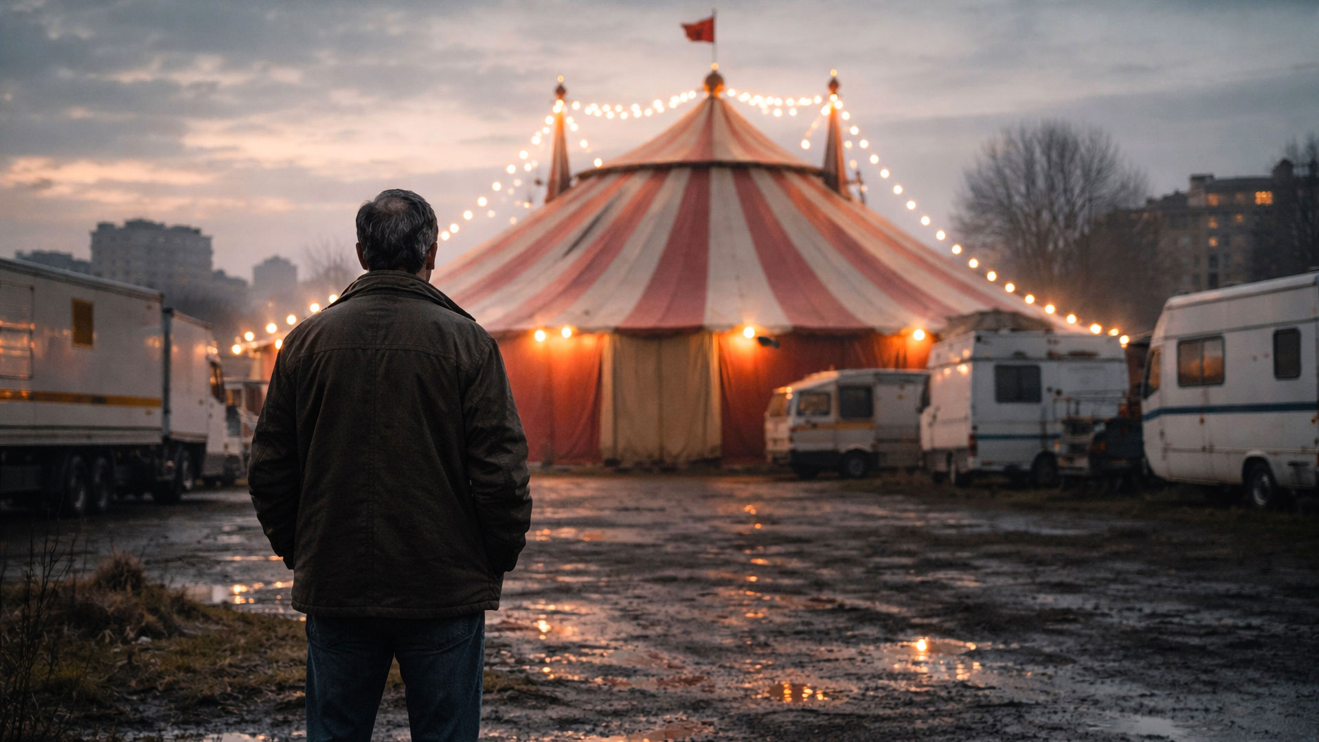 Uomo di mezza età di spalle davanti a un tendone da circo all’alba, simbolo di ricostruirsi lontano da casa