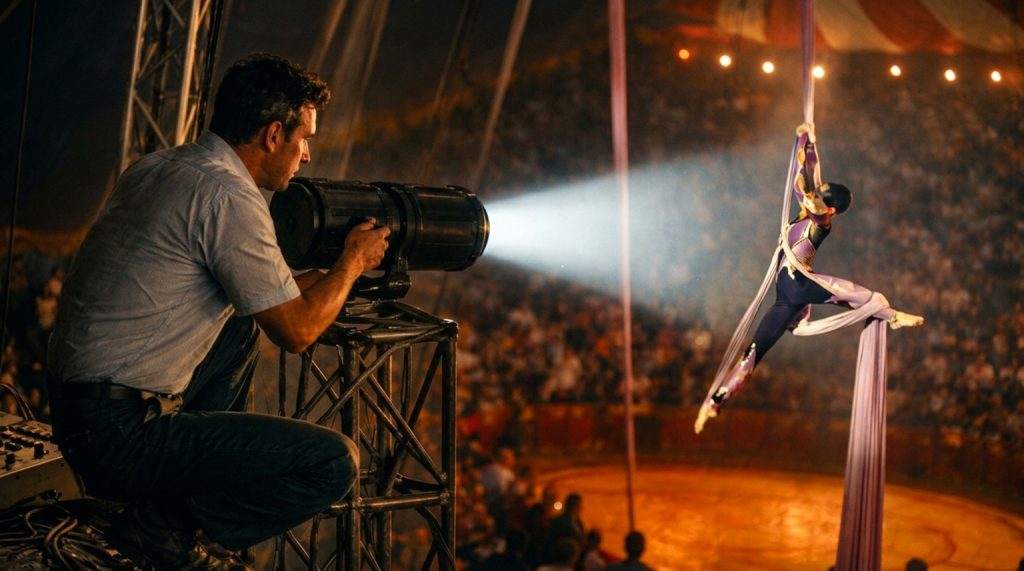 Emigrante rumeno in Italia mentre lavora come tecnico luci in un circo negli anni ’90 illuminando un’acrobata durante lo spettacolo
