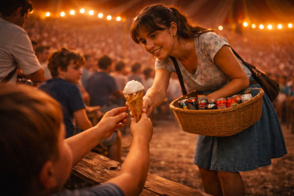 Emigrante rumeno in Italia vende gelati e snack tra le gradinate di un circo durante uno spettacolo serale negli anni ’90