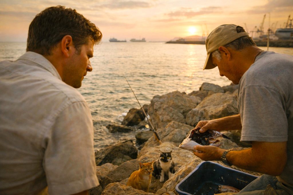 Emigrante rumeno in Italia osserva un pescatore pulire un pesce nel porto ligure durante il tramonto negli anni ’90