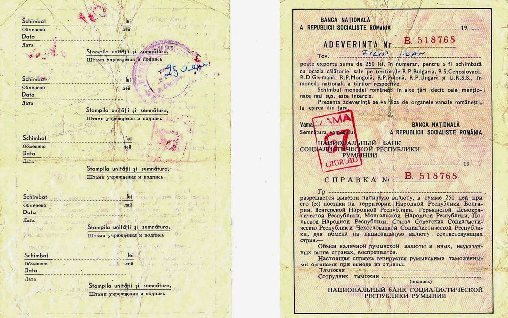 Certificato della Banca Nazionale Rumena per cambio valuta necessario ai viaggi in Bulgaria durante il comunismo negli anni ’80.