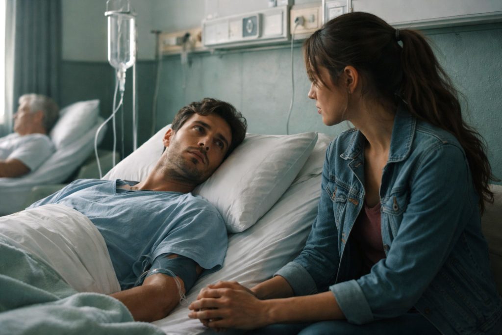 Uomo emigrato rumeno ricoverato in ospedale assistito dalla moglie, momento difficile dell’emigrazione rumena in Italia negli anni '90
