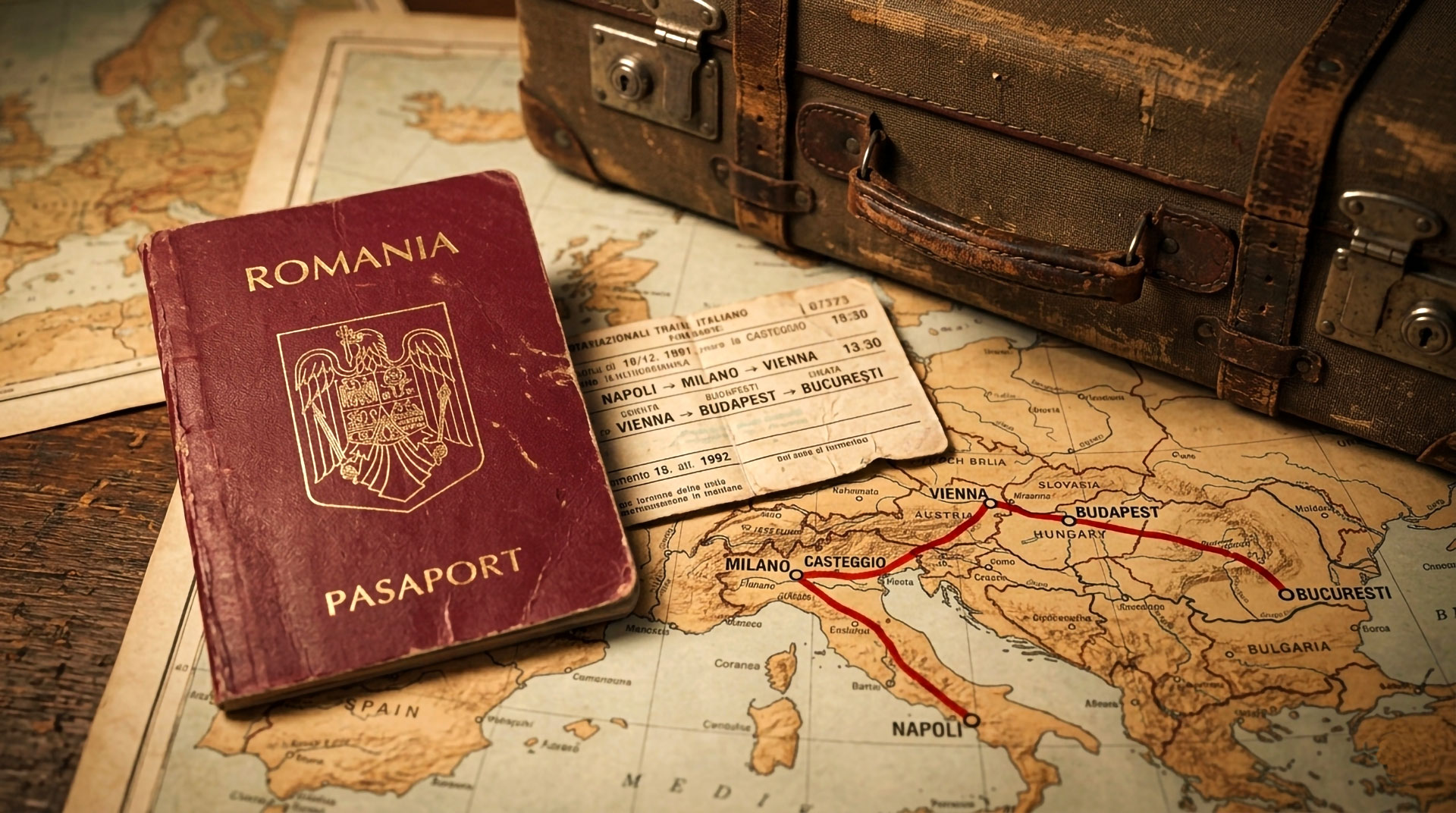 Ritorno in Romania dopo l’emigrazione: mappa dell’Europa con passaporto rumeno anni ’90 e valigia simbolo del viaggio di ritorno