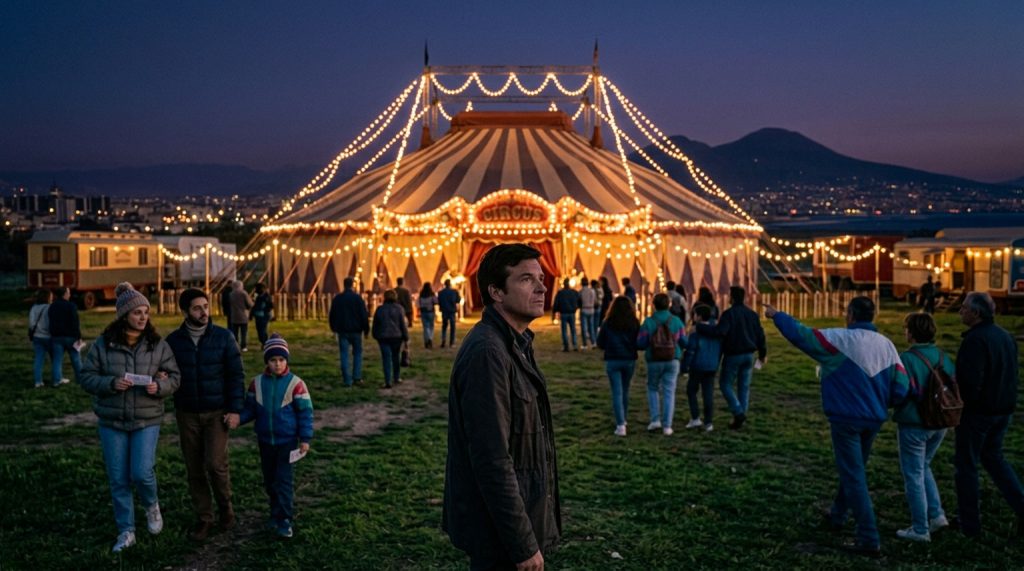 Tendone del circo illuminato a Napoli dopo l’installazione delle luci natalizie, ultima sera di lavoro in una storia di emigrazione tra Italia e Romania